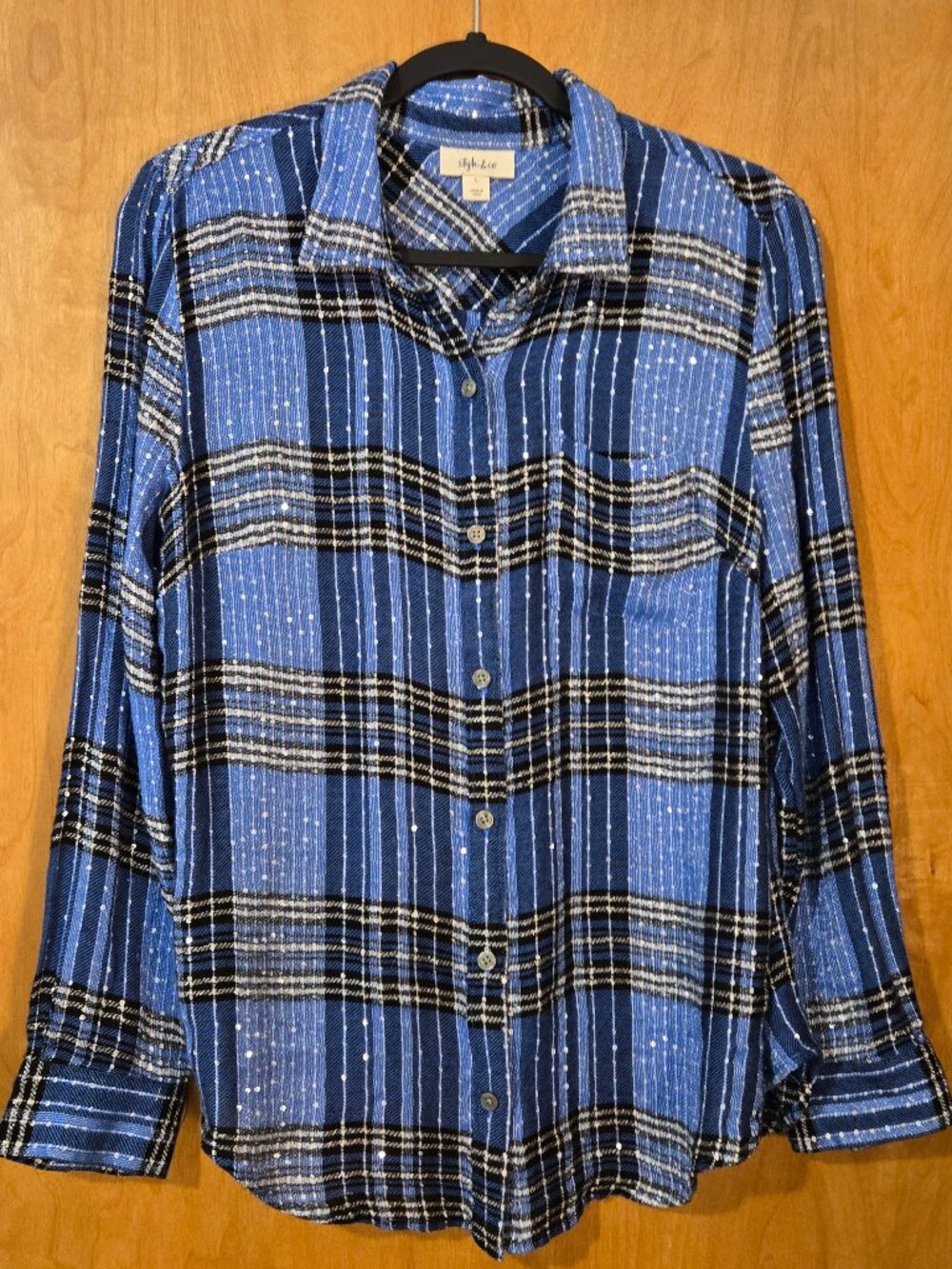 Style & Co Women Button Up Shirt Blue Plaid Sequins Rayon Large